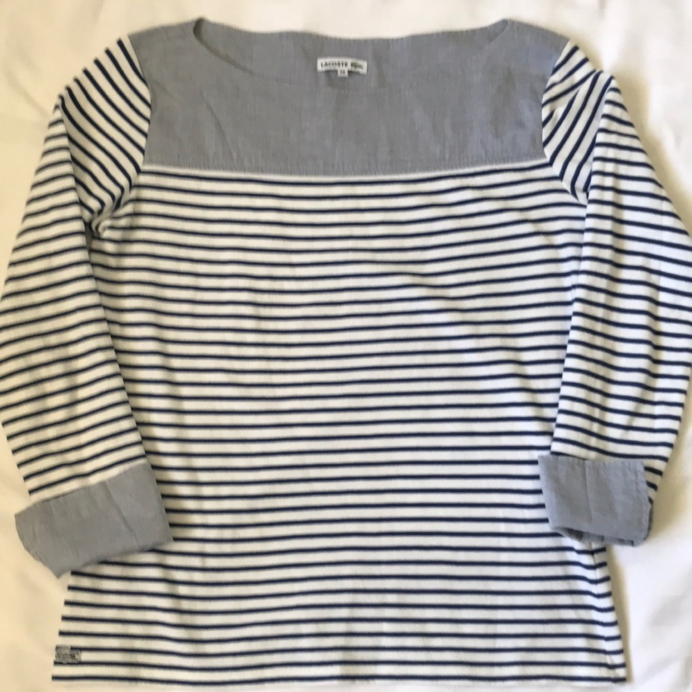 Lacoste striped cotton blend shirt w chambray yoke and cuffs crop sleeve EUC